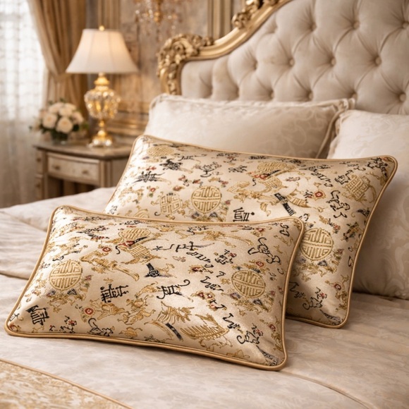 Other - 2 Gold Brocade Asian Pattern Satin Pillow Cases 30”x20”